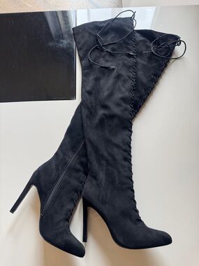 Chelsea and Zoe Black Over-the-Knee Lace-Up Stiletto Boots